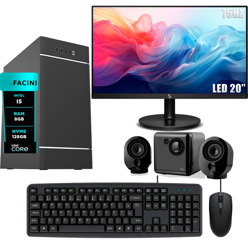 pc efacini i5 8gb nvme 128gb monitor 20 e caixa de som 2
